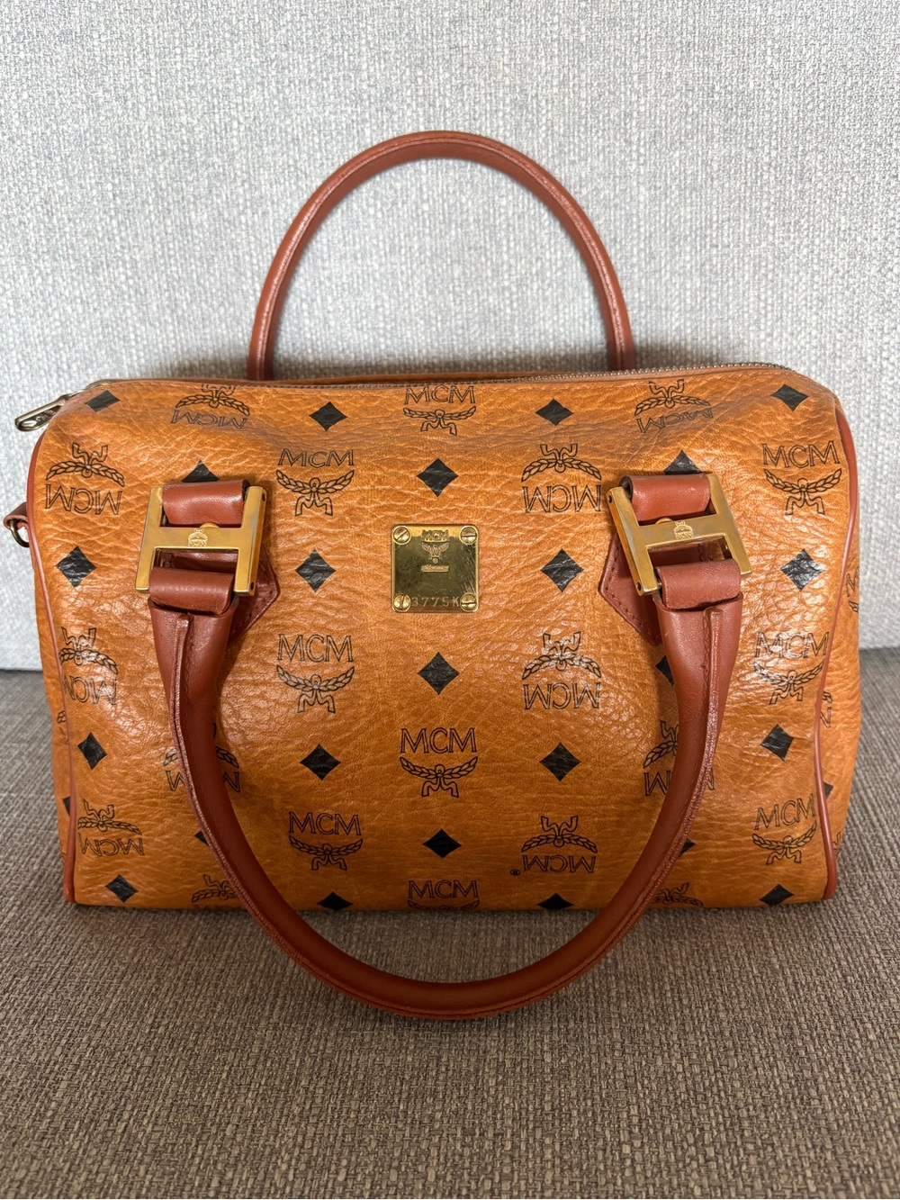 MCM Visetos Cognac Boston Bag